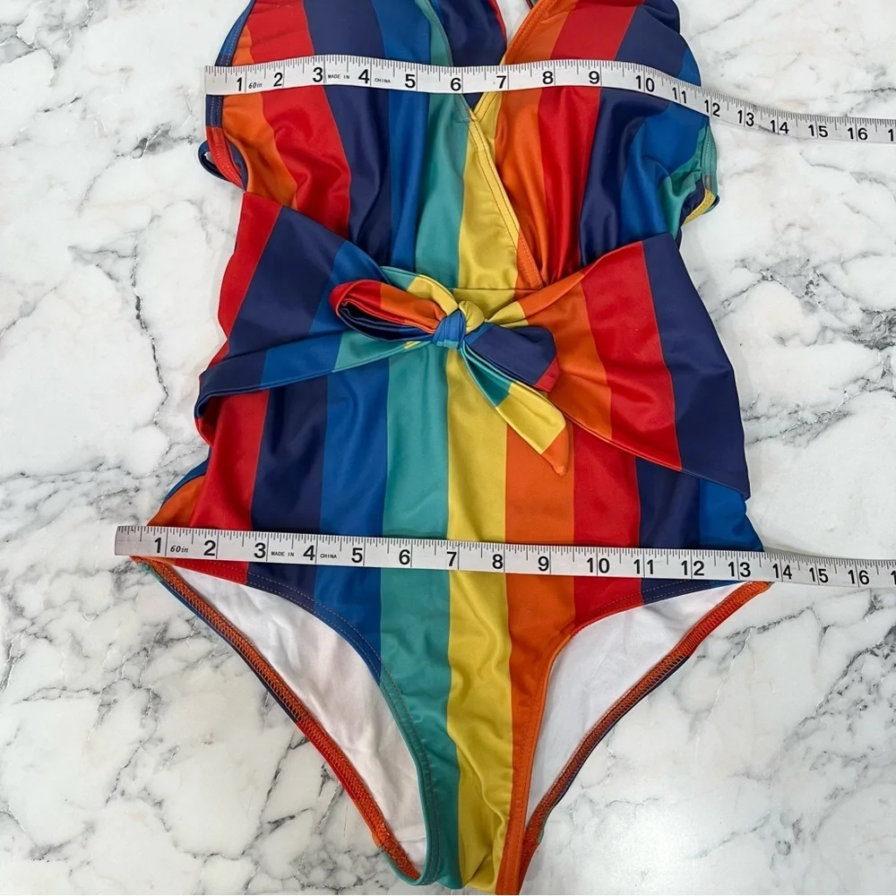 ModCloth x Collectif The Brooke One-Piece Halter Swimsuit Rainbow Stripes XS